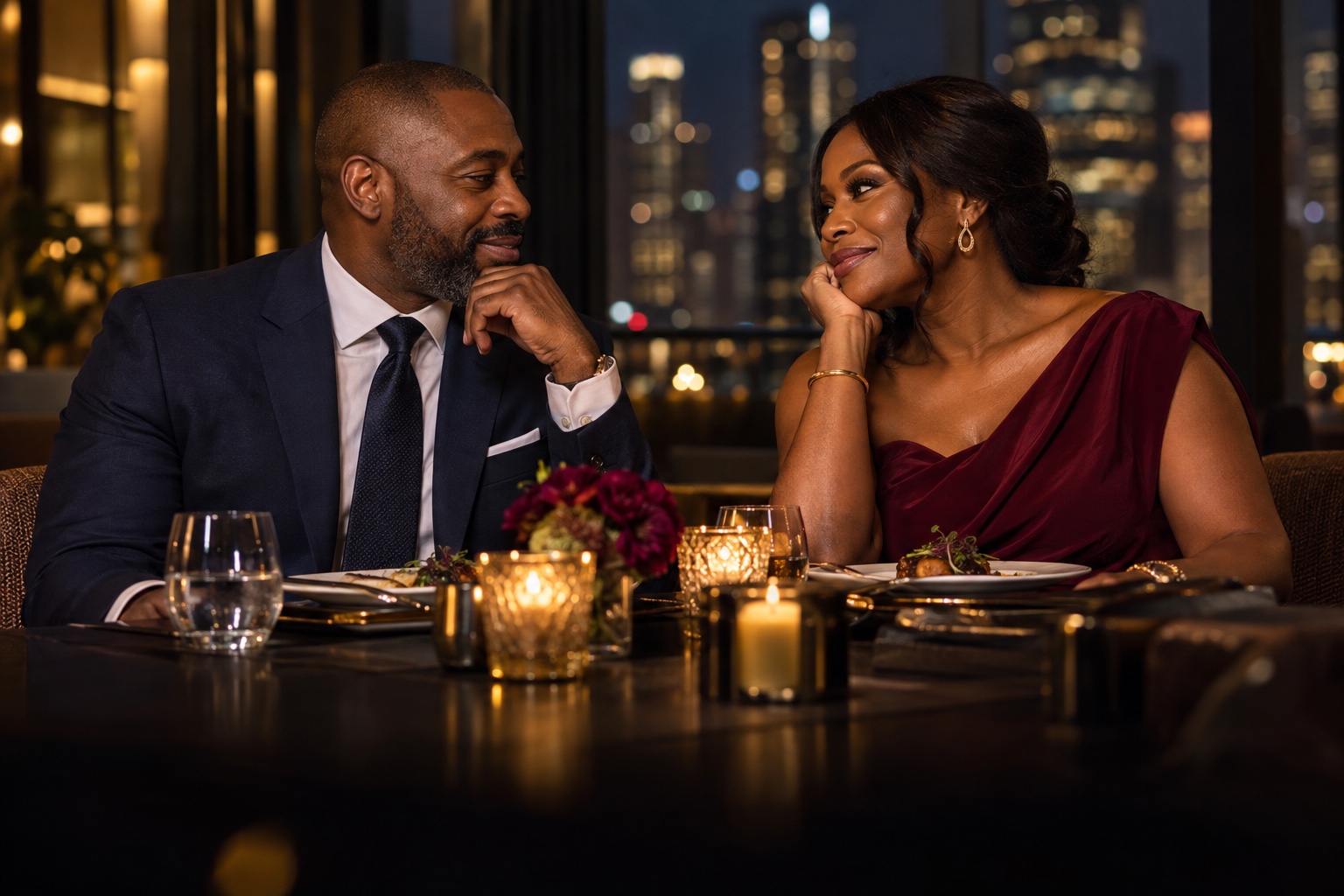 A mature African-diaspora couple sharing an intimate candlelit dinner conversation